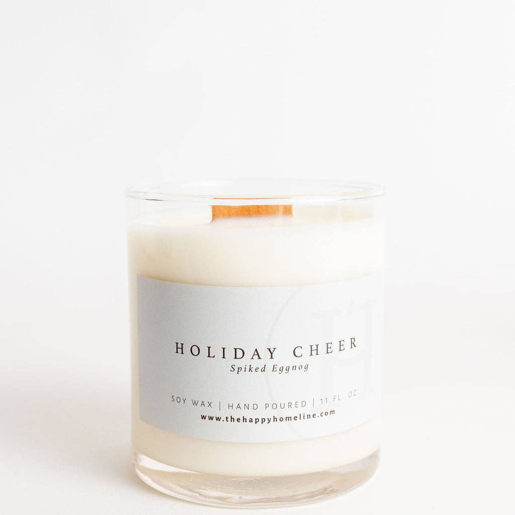 Candle labeled 'Holiday Cheer' on a white background