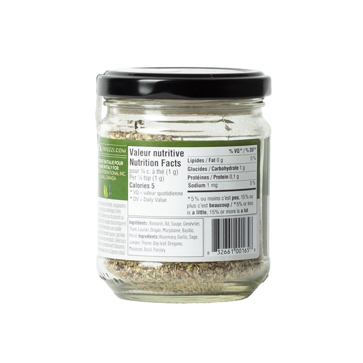Jar of Favuzzi Italian herb blend on a white background