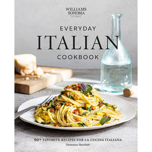 Cookbook cover of 'Everyday Italian' by Williams Sonoma with a plate of pasta and a bottle of water.