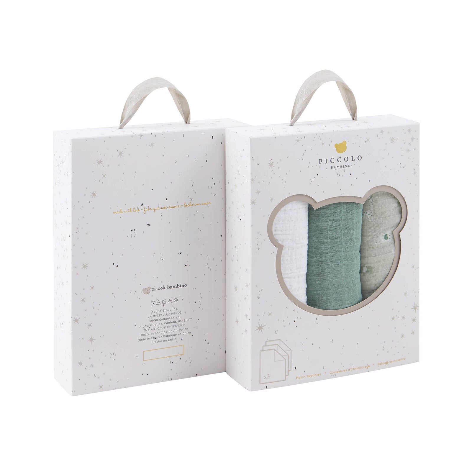 Three green muslin swaddles in a white packaging with the brand 'Piccolo Bambino' visible.