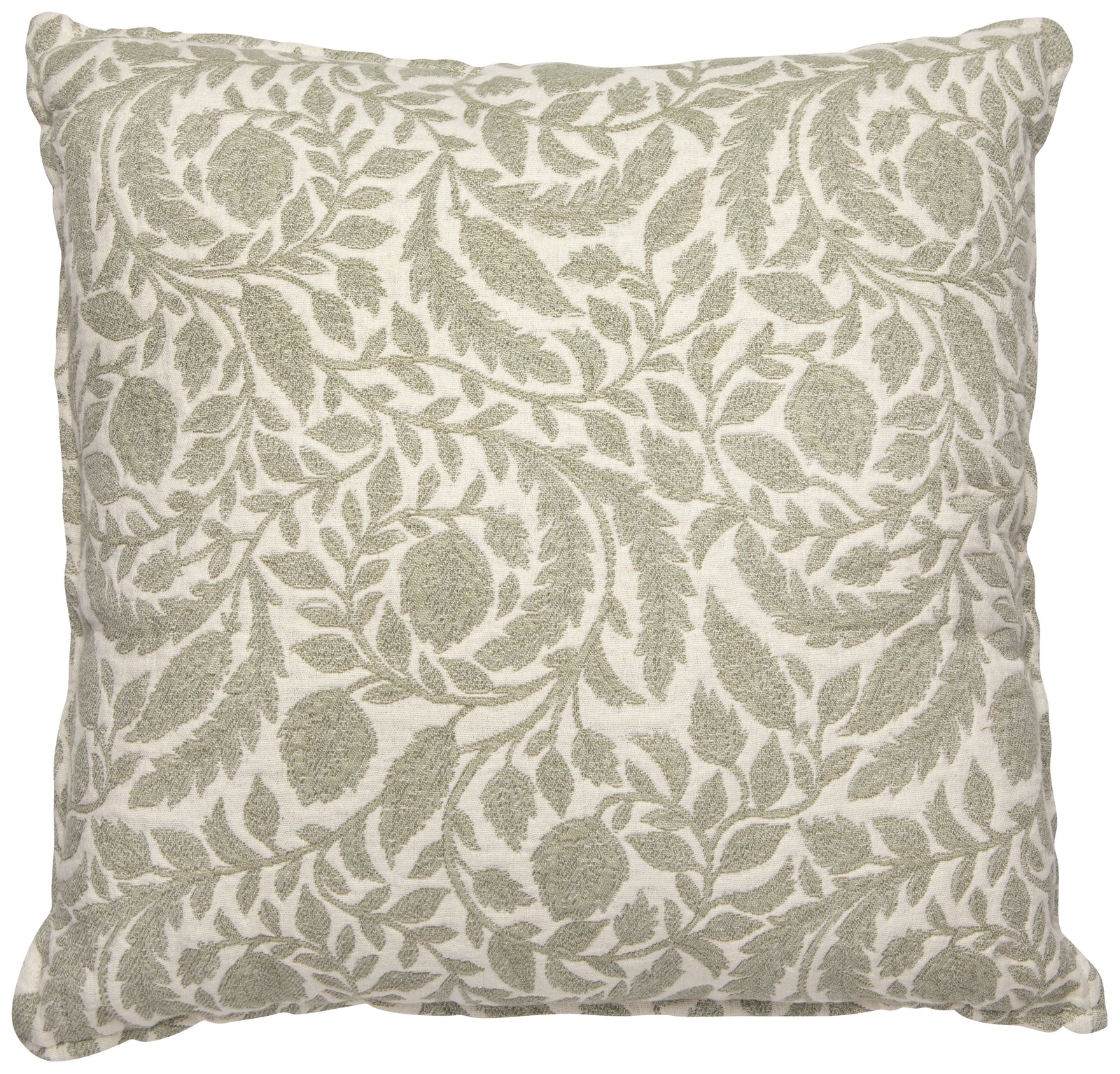 A styled living room scene with a cream sofa adorned with two patterned throw pillows, a matching patterned throw blanket draped over the seat, and a small round wooden coffee table in front holding a vase with dried stems and small decor objects.