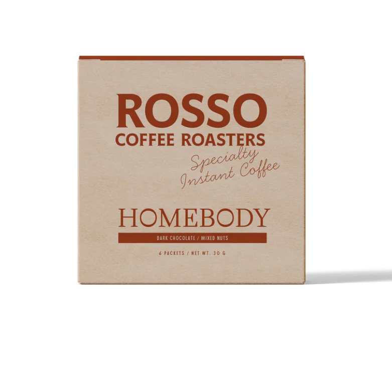Box of Rosso Coffee Roasters Homebody instant coffee on a white background