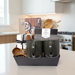Gift basket with kitchen items on a kitchen counter