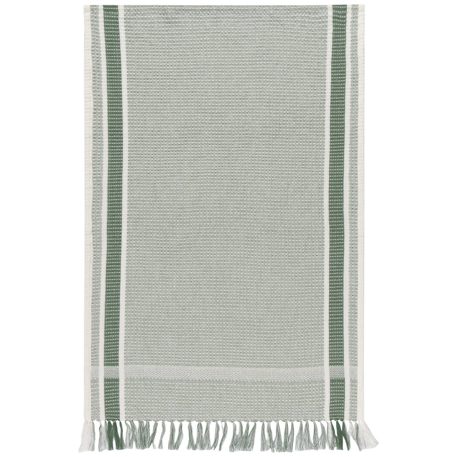 Green and white patterned towel with fringes on a white background
