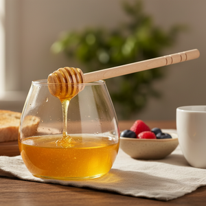 Wooden honey dipper on a white background