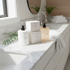 Two bottles of Lovefresh Vanilla & Orange products on a white background