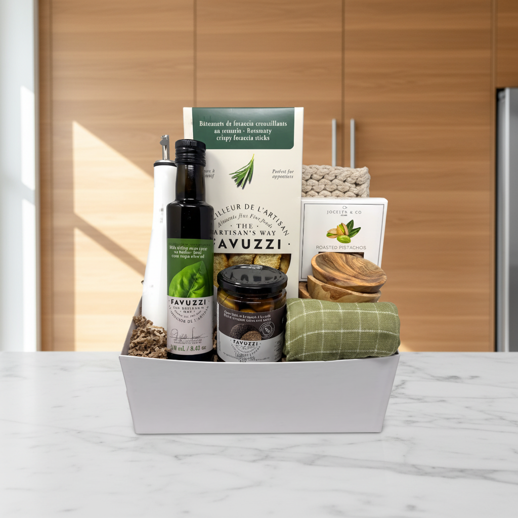 Gift basket with Favuzzi products on a white background