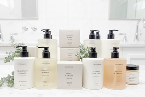 Collection of Lovernish skincare products on a white background