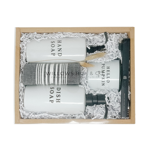 Set of kitchen products including hand & dish soap dispenser, dishcloth, and  hello pumpkin candle with a re-chargable lighter in a kraft box.