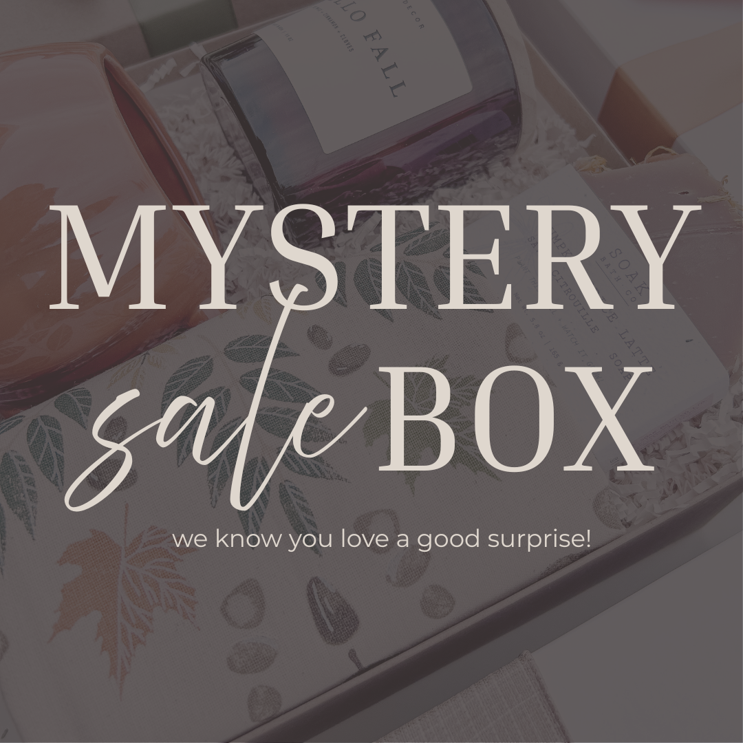 Mystery sale box with autumn-themed packaging and text overlay