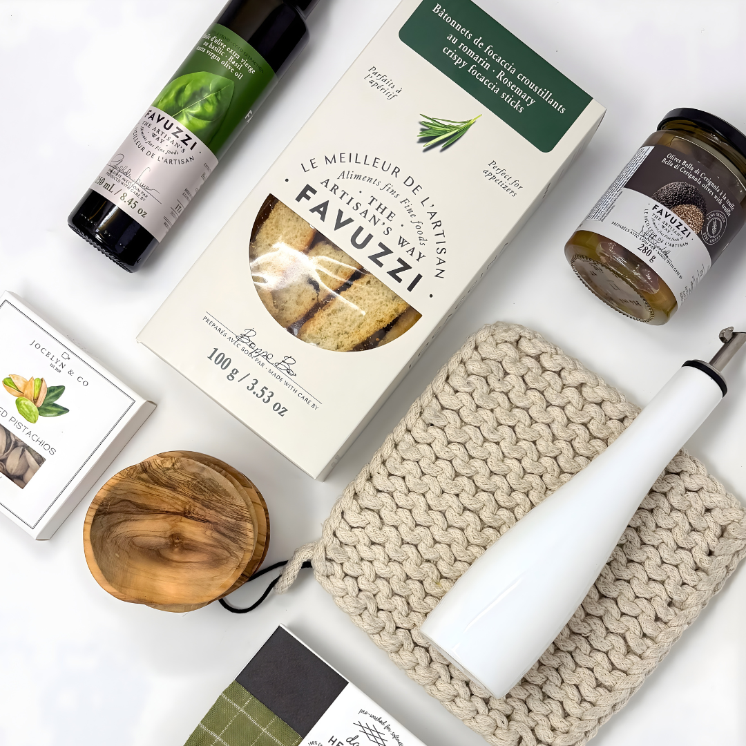 Gift basket with Favuzzi products on a white background