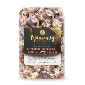 Packaged Popinsanity peppermint hot chocolate popcorn on a white background