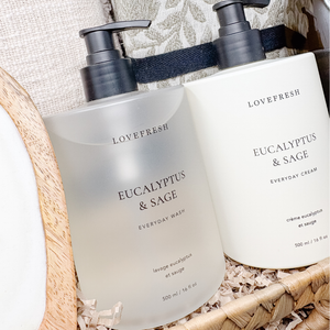 Two bottles of Lovefresh Eucalyptus & Sage products in a basket.