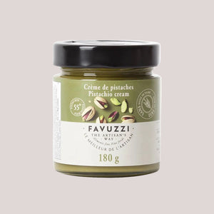 Jar of Favuzzi pistachio cream on a light gray background