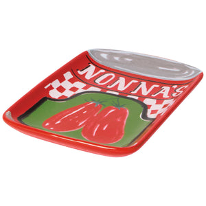 Red tray with 'Nonna's' branding and red peppers on a white background