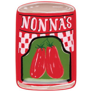 Red container with 'Nonna's' and tomato design on a white background