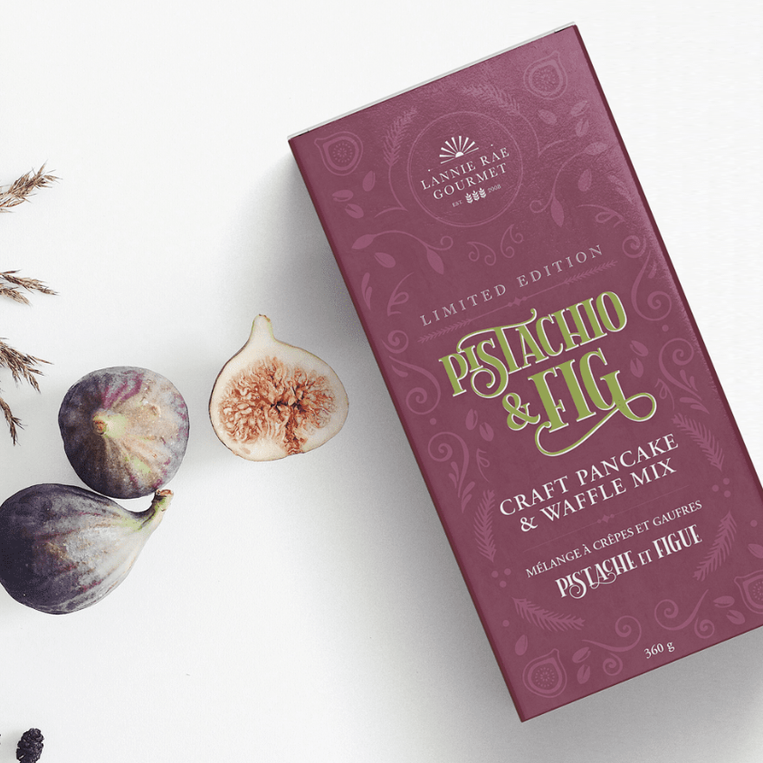 Box of Lannie Rae Gourmet Pistachio & Fig Pancake and Waffle Mix on a white background