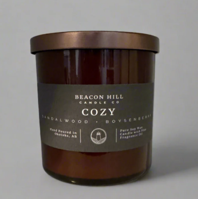 Beacon Hill Candle Co. 'Cozy' candle with a bronze lid on a gray background