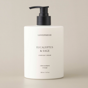 Lovefresh Eucalyptus & Sage Everyday Cream bottle on a beige background