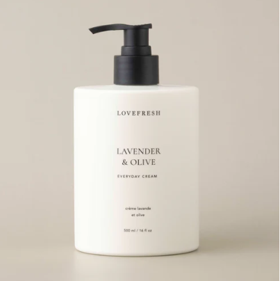 Lovefresh Lavender & Olive Everyday Cream bottle on a beige background