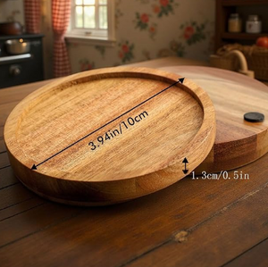 Two round wooden serving boards on a dark wooden table, with overlaid dimension arrows and text showing 3.9 inches (10 cm) diameter and 1.