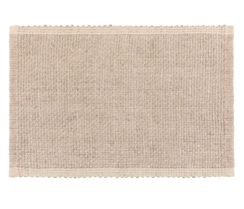A rectangular woven placemat in a natural beige jute or seagrass material, featuring a solid beige border with scalloped edges, shown against a plain white background.