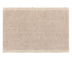 A rectangular woven placemat in a natural beige jute or seagrass material, featuring a solid beige border with scalloped edges, shown against a plain white background.