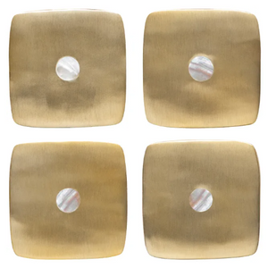 Four square brass-toned wall plates arranged in a 2x2 grid, each with a small circular mother-of-pearl inset in the center, shown on a plain white background.