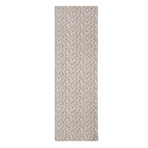 A long, narrow rectangular area rug with a dense, textured abstract pattern in shades of beige, gray, and off-white, shown against a plain white background.