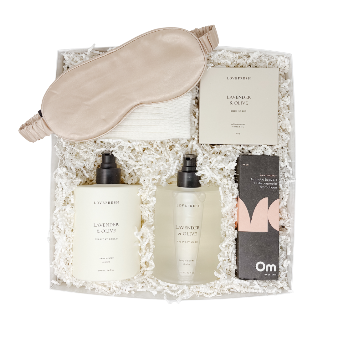Two bottles of Lovefresh Lavender & Olive Everyday Cream in a box with white crinkle paper.