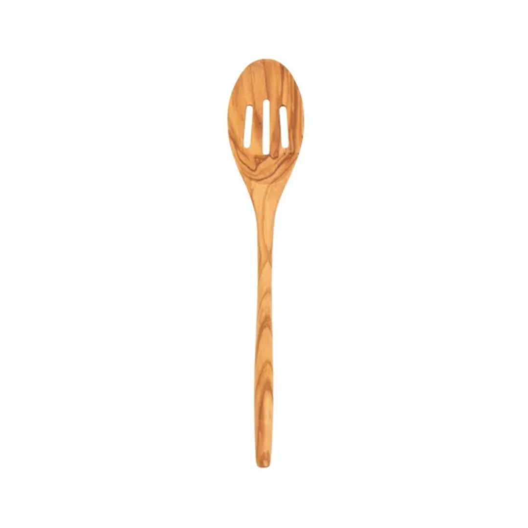A slotted olive wood spoon against a white background.