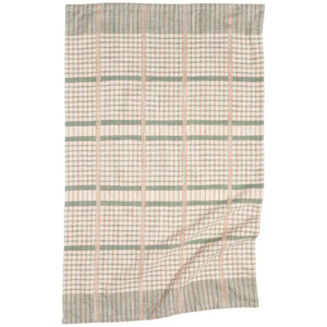 Checkered blanket with green and beige pattern on a white background