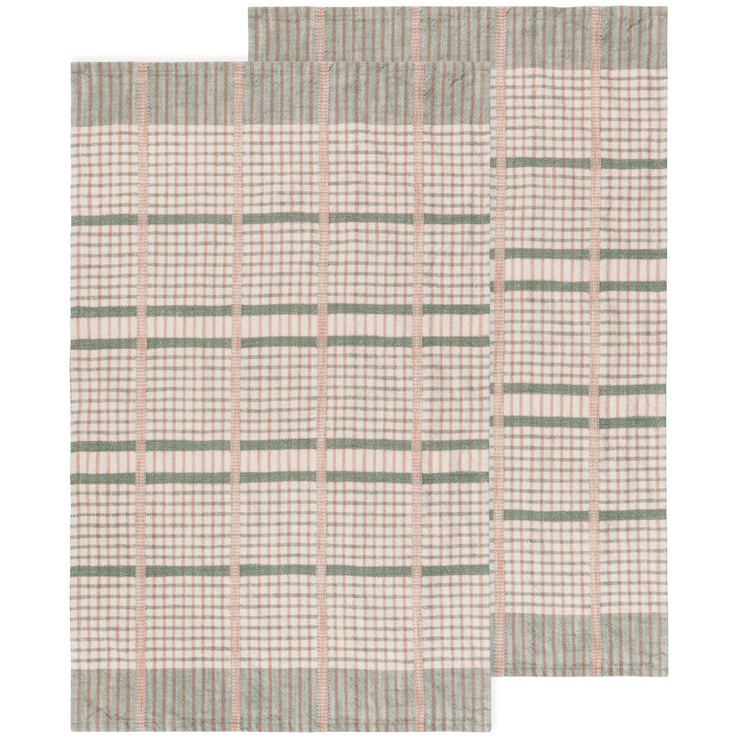 Two plaid placemats with green and beige pattern on a white background