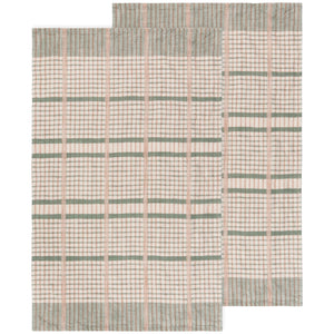 Two plaid placemats with green and beige pattern on a white background