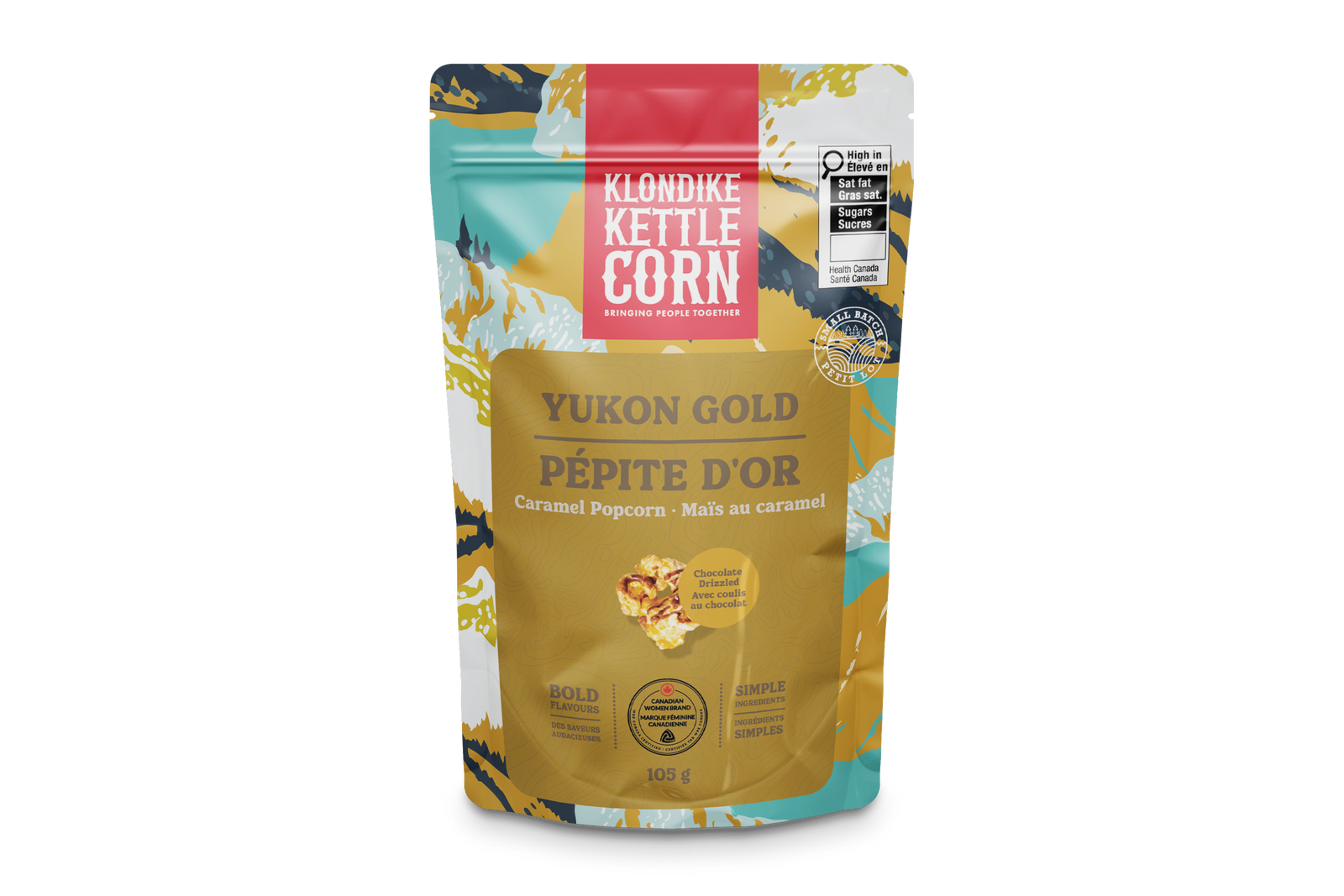 Klondike Kettle Corn Yukon Gold Pépite d'Or caramel popcorn packaging on a white background