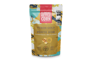 Klondike Kettle Corn Yukon Gold Pépite d'Or caramel popcorn packaging on a white background