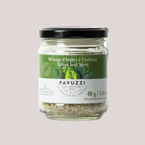Jar of Favuzzi Italian herb blend on a white background