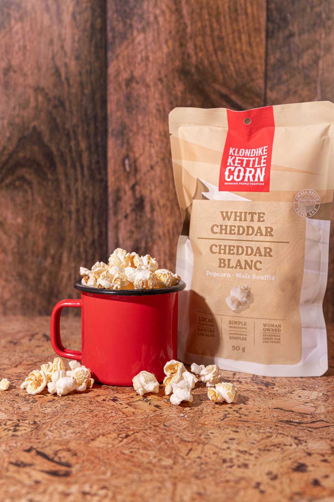 Kettle Corn packaging with 'White Cheddar' flavor on a white background