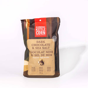 Klondike Kettle Corn dark chocolate and sea salt corn packet on a white background