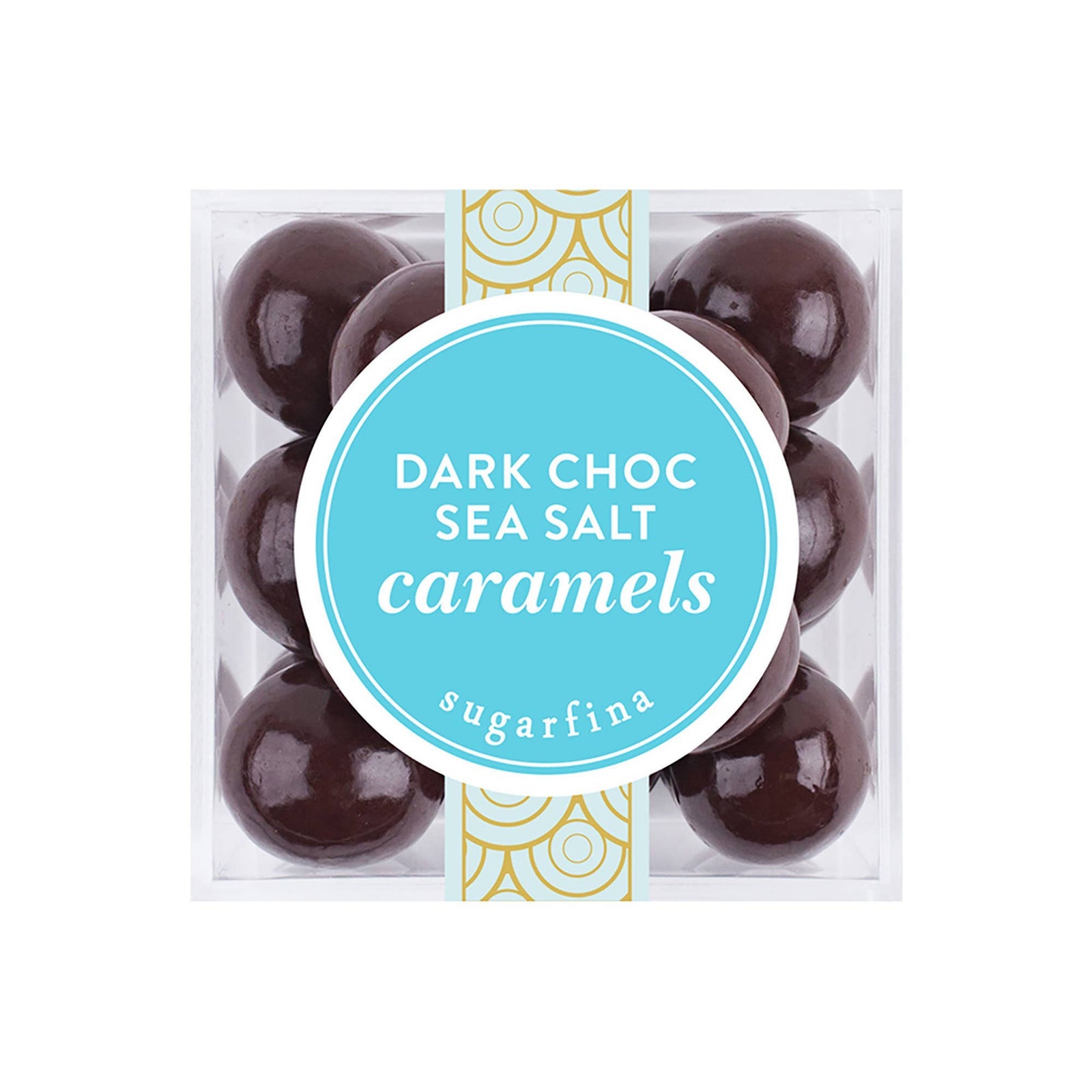 A pack of dark chocolate sea salt caramels by Sugarfina, presented in a clear packaging with the product visible through a transparent window.